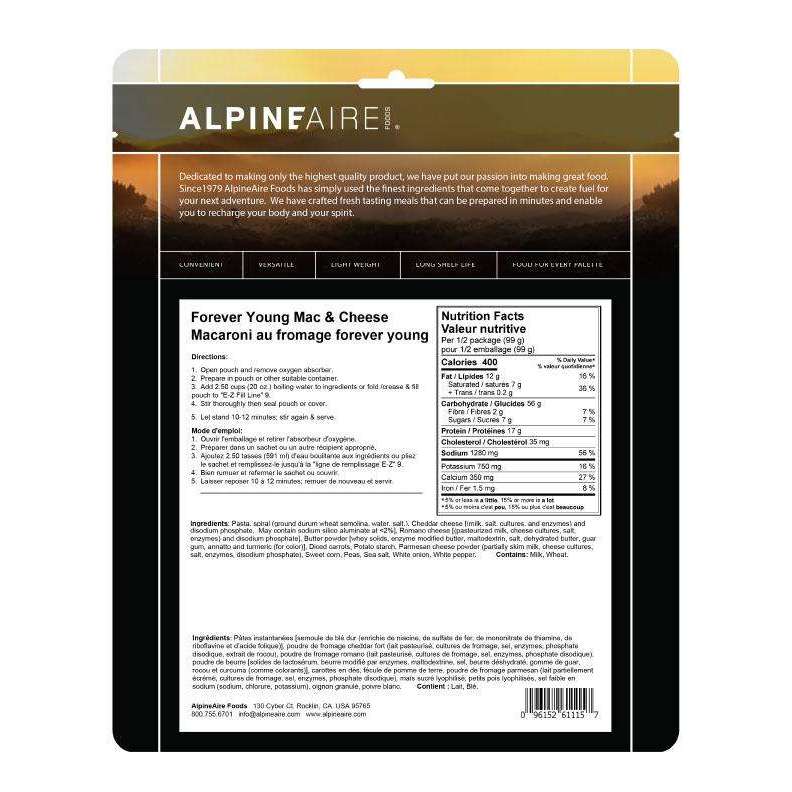 AlpineAire Forever Young Mac & Cheese Vegetarian New Packaging,EQUIPMENTCOOKINGFOOD,ALPINEAIRE FOOD,Gear Up For Outdoors,