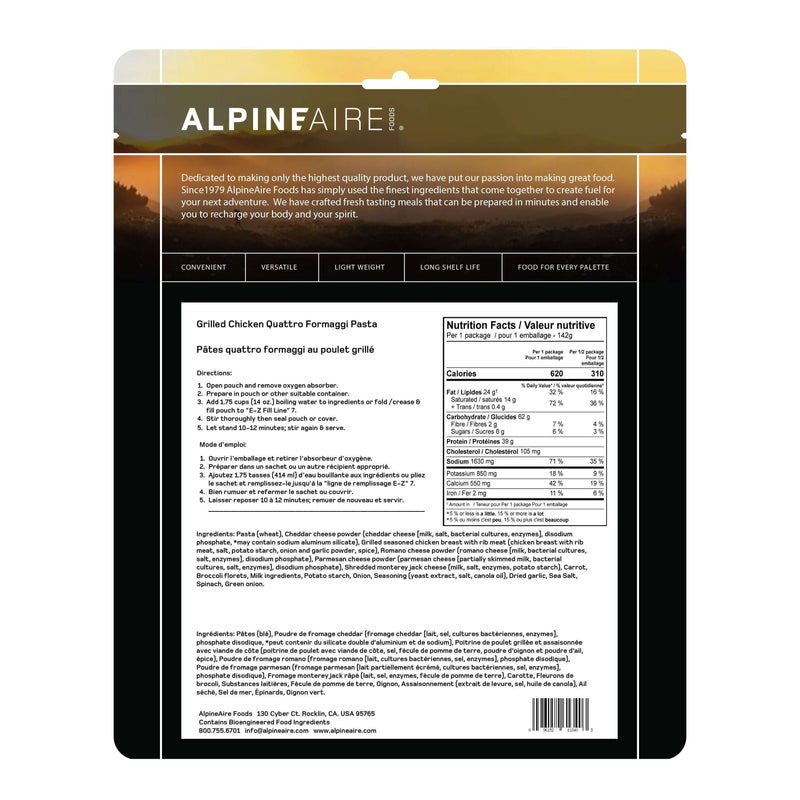 AlpineAire Grilled Chicken Quattro Formaggi Pasta,EQUIPMENTCOOKINGFOOD,ALPINEAIRE FOOD,Gear Up For Outdoors,