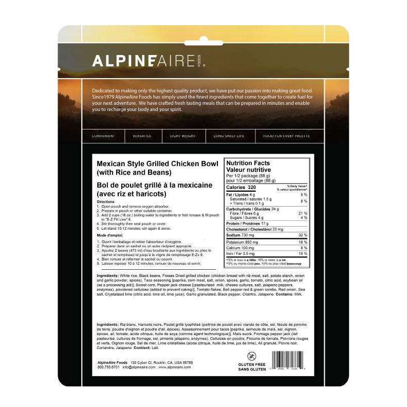 AlpineAire Mexican Style Grilled Chicken Bowl (with Rice & Beans) New Packaging,EQUIPMENTCOOKINGFOOD,ALPINEAIRE FOOD,Gear Up For Outdoors,