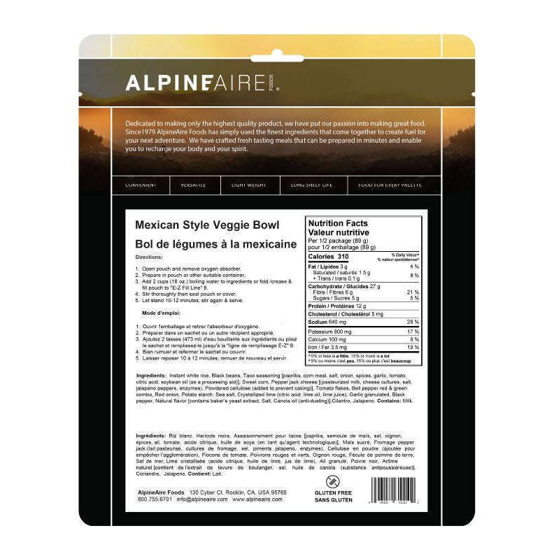 AlpineAire Mexican Style Veggie Bowl Gluten Free,EQUIPMENTCOOKINGFOOD,ALPINEAIRE FOOD,Gear Up For Outdoors,