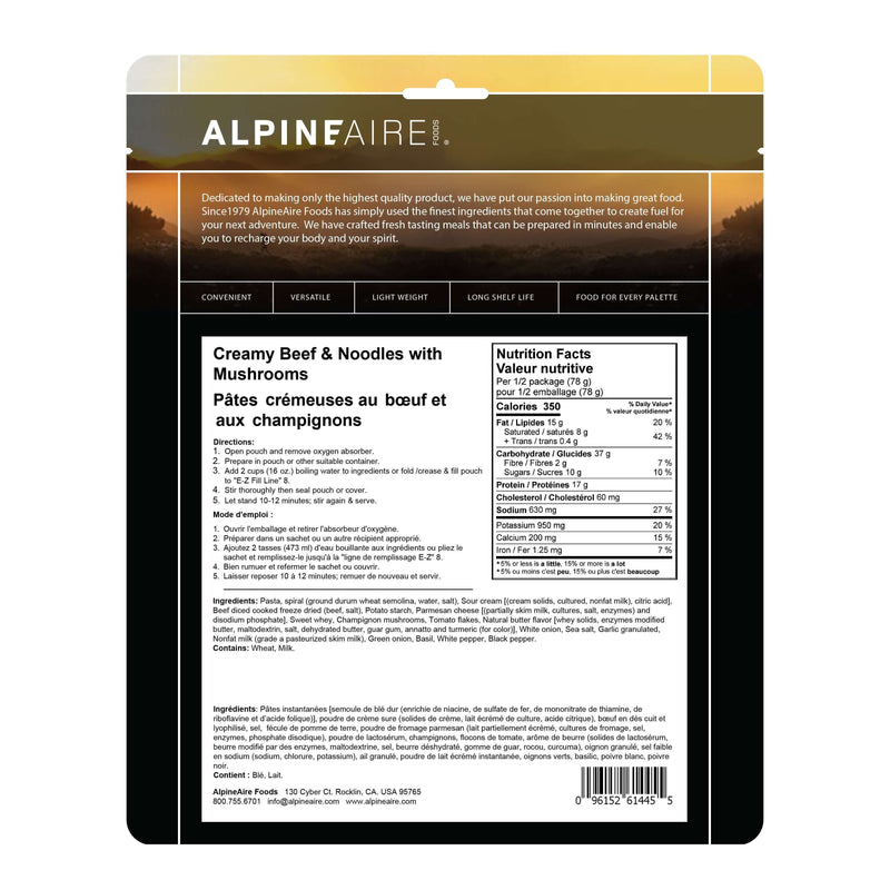 AlpineAire New Creamy Beef Noodle with Mushrooms New Packaging,EQUIPMENTCOOKINGFOOD,ALPINEAIRE FOOD,Gear Up For Outdoors,