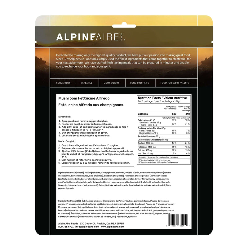 AlpineAire Wild Mushroom Fettucine Alfredo Vegetarian Gluten Free,EQUIPMENTCOOKINGFOOD,ALPINEAIRE FOOD,Gear Up For Outdoors,